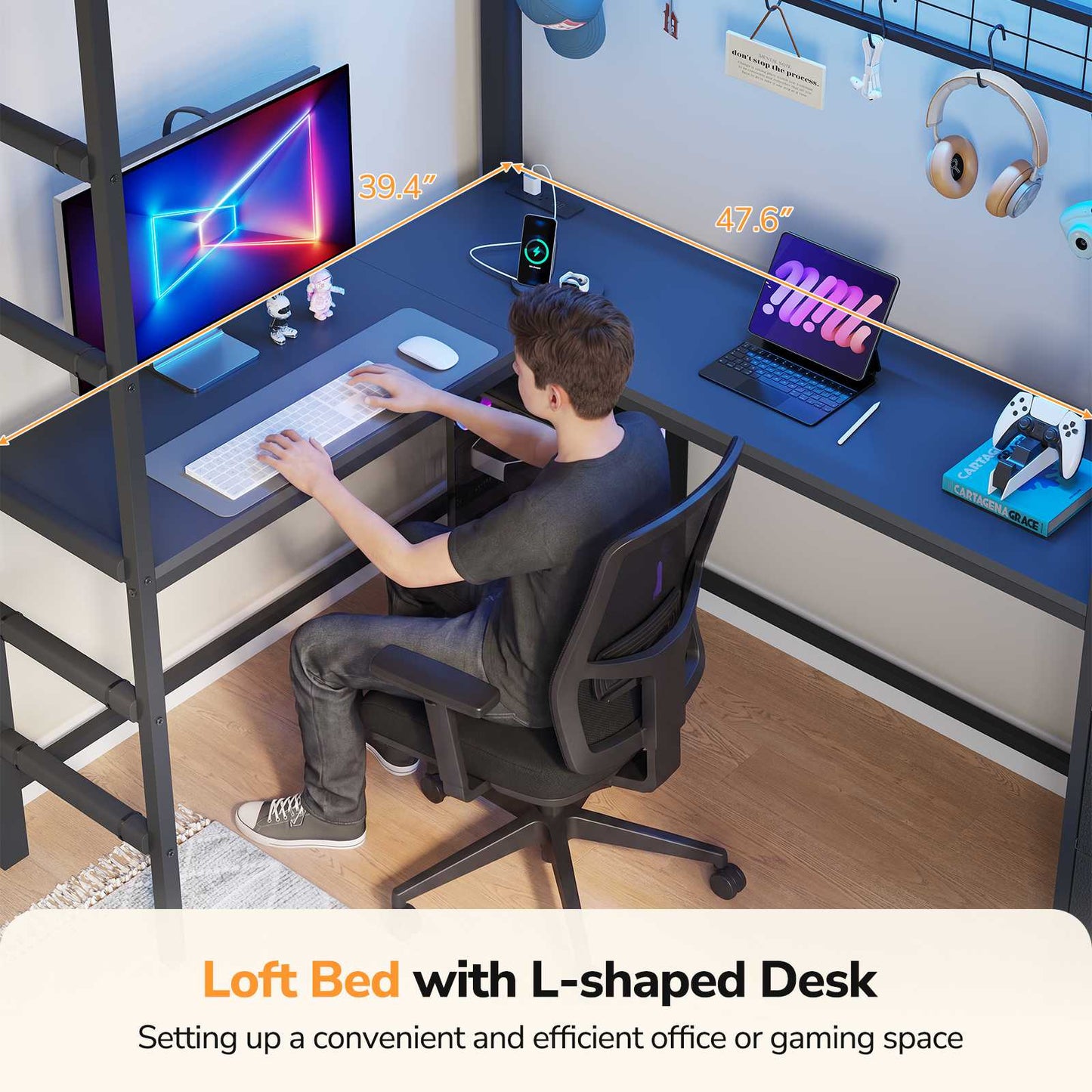 DICTAC | Twin Loft Bed with L-Shaped Desk & Smart RGB LED Lights, Heavy Duty Metal Loft Bed Frame with Charging Station, 6 Fabric Drawers & Open Storage Shelves, Safety Guardrail, Black