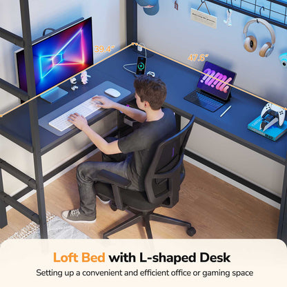 DICTAC | Twin Loft Bed with L-Shaped Desk & Smart RGB LED Lights, Heavy Duty Metal Loft Bed Frame with Charging Station, 6 Fabric Drawers & Open Storage Shelves, Safety Guardrail, Black