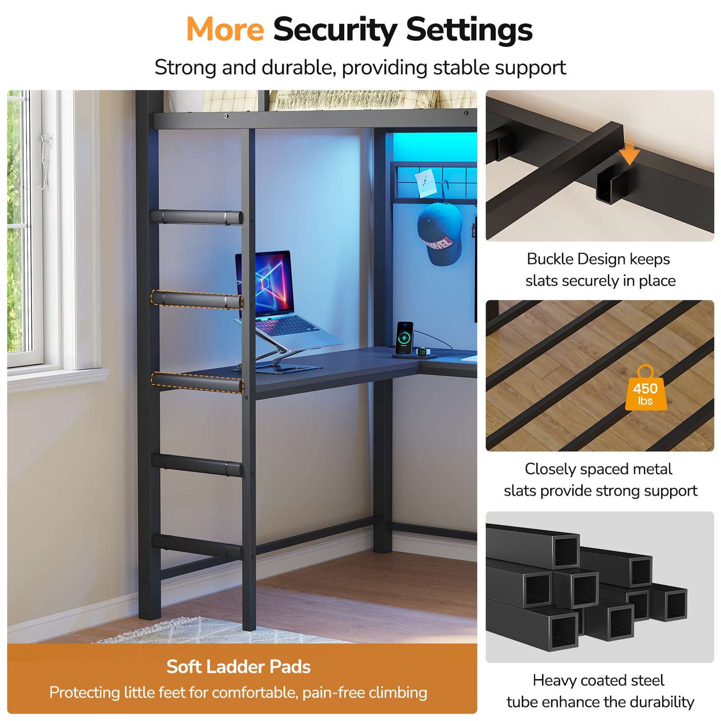 DICTAC | Twin Loft Bed with L-Shaped Desk & Smart RGB LED Lights, Heavy Duty Metal Loft Bed Frame with Charging Station, 6 Fabric Drawers & Open Storage Shelves, Safety Guardrail, Black