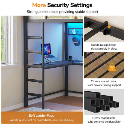 DICTAC | Twin Loft Bed with L-Shaped Desk & Smart RGB LED Lights, Heavy Duty Metal Loft Bed Frame with Charging Station, 6 Fabric Drawers & Open Storage Shelves, Safety Guardrail, Black