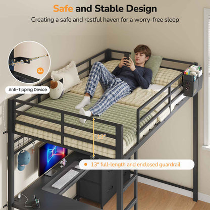 DICTAC | Twin Loft Bed with L-Shaped Desk & Smart RGB LED Lights, Heavy Duty Metal Loft Bed Frame with Charging Station, 6 Fabric Drawers & Open Storage Shelves, Safety Guardrail, Black