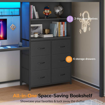 DICTAC | Twin Loft Bed with L-Shaped Desk & Smart RGB LED Lights, Heavy Duty Metal Loft Bed Frame with Charging Station, 6 Fabric Drawers & Open Storage Shelves, Safety Guardrail, Black
