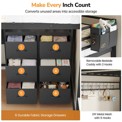 DICTAC | Twin Loft Bed with L-Shaped Desk & Smart RGB LED Lights, Heavy Duty Metal Loft Bed Frame with Charging Station, 6 Fabric Drawers & Open Storage Shelves, Safety Guardrail, Black