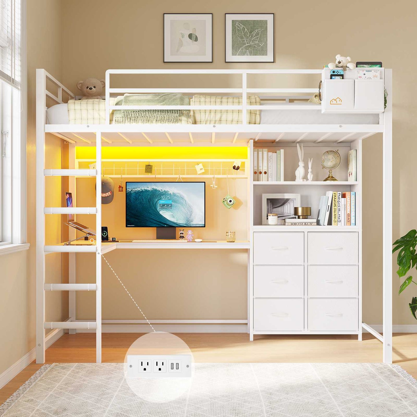 DICTAC | Twin Loft Bed with L-Shaped Desk, Storage Bookshelf & 6 Fabric Drawers – White Metal Loft Bed Frame with Charging Station, RGB LED Lights & Guardrail, No Box Spring Needed