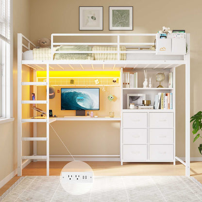 DICTAC | Twin Loft Bed with L-Shaped Desk, Storage Bookshelf & 6 Fabric Drawers – White Metal Loft Bed Frame with Charging Station, RGB LED Lights & Guardrail, No Box Spring Needed
