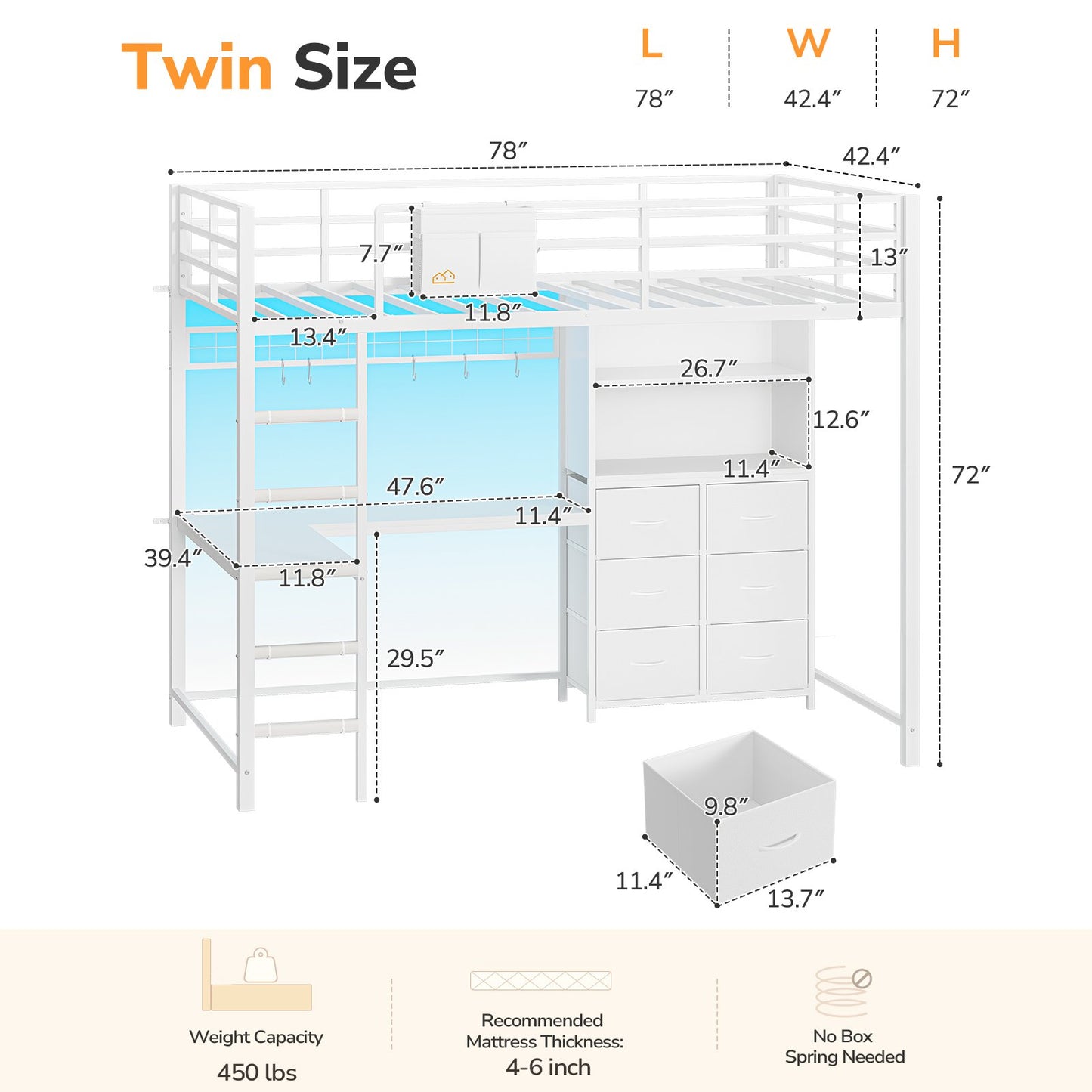 DICTAC | Twin Loft Bed with L-Shaped Desk, Storage Bookshelf & 6 Fabric Drawers – White Metal Loft Bed Frame with Charging Station, RGB LED Lights & Guardrail, No Box Spring Needed