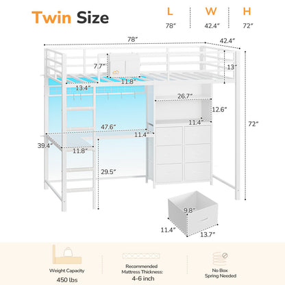 DICTAC | Twin Loft Bed with L-Shaped Desk, Storage Bookshelf & 6 Fabric Drawers – White Metal Loft Bed Frame with Charging Station, RGB LED Lights & Guardrail, No Box Spring Needed