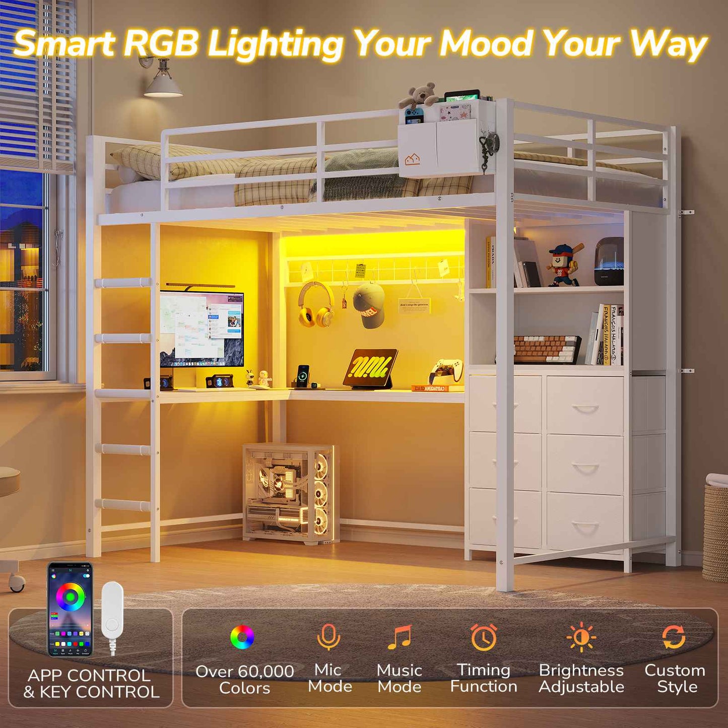 DICTAC | Twin Loft Bed with L-Shaped Desk, Storage Bookshelf & 6 Fabric Drawers – White Metal Loft Bed Frame with Charging Station, RGB LED Lights & Guardrail, No Box Spring Needed