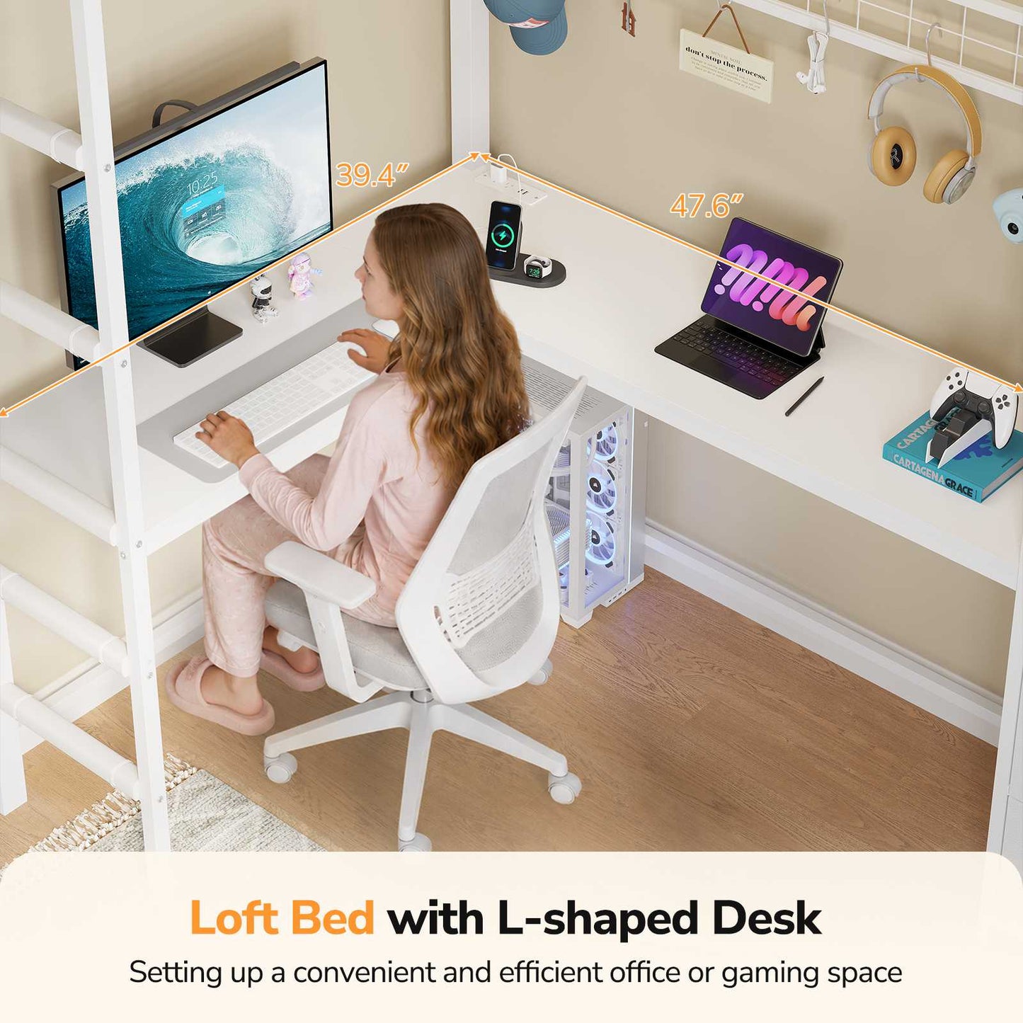 DICTAC | Twin Loft Bed with L-Shaped Desk, Storage Bookshelf & 6 Fabric Drawers – White Metal Loft Bed Frame with Charging Station, RGB LED Lights & Guardrail, No Box Spring Needed