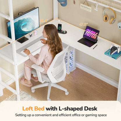 DICTAC | Twin Loft Bed with L-Shaped Desk, Storage Bookshelf & 6 Fabric Drawers – White Metal Loft Bed Frame with Charging Station, RGB LED Lights & Guardrail, No Box Spring Needed