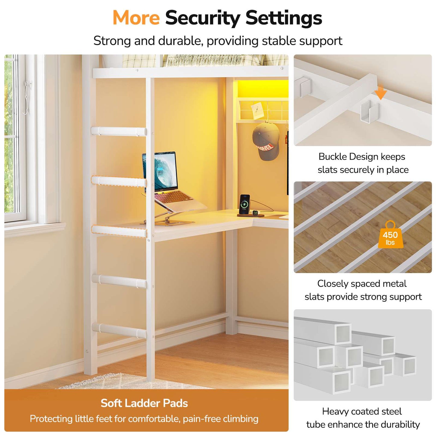 DICTAC | Twin Loft Bed with L-Shaped Desk, Storage Bookshelf & 6 Fabric Drawers – White Metal Loft Bed Frame with Charging Station, RGB LED Lights & Guardrail, No Box Spring Needed