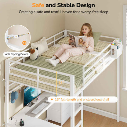 DICTAC | Twin Loft Bed with L-Shaped Desk, Storage Bookshelf & 6 Fabric Drawers – White Metal Loft Bed Frame with Charging Station, RGB LED Lights & Guardrail, No Box Spring Needed
