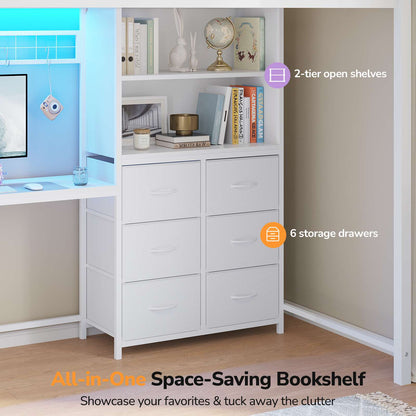 DICTAC | Twin Loft Bed with L-Shaped Desk, Storage Bookshelf & 6 Fabric Drawers – White Metal Loft Bed Frame with Charging Station, RGB LED Lights & Guardrail, No Box Spring Needed
