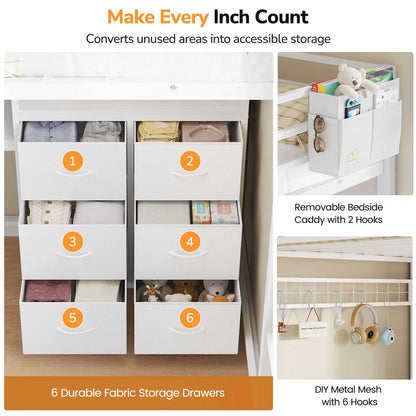 DICTAC | Twin Loft Bed with L-Shaped Desk, Storage Bookshelf & 6 Fabric Drawers – White Metal Loft Bed Frame with Charging Station, RGB LED Lights & Guardrail, No Box Spring Needed