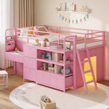 DICTAC | Twin Low Loft Bed for Kids with Desk, Storage Drawers, Bookshelf & Play Tent, LED Lights, Metal Loft Bed with Guardrail (Blue & Black)