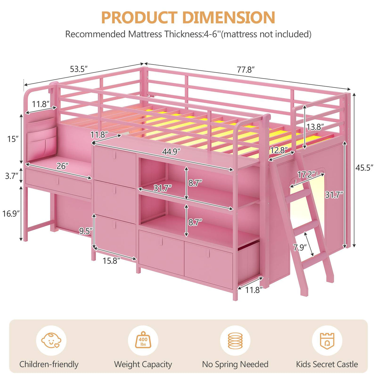 DICTAC | Twin Low Loft Bed for Kids with Desk, Storage Drawers, Bookshelf & Play Tent, LED Lights, Metal Loft Bed with Guardrail (Blue & Black)