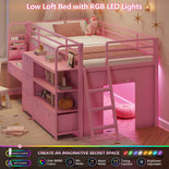 DICTAC | Twin Low Loft Bed for Kids with Desk, Storage Drawers, Bookshelf & Play Tent, LED Lights, Metal Loft Bed with Guardrail (Blue & Black)