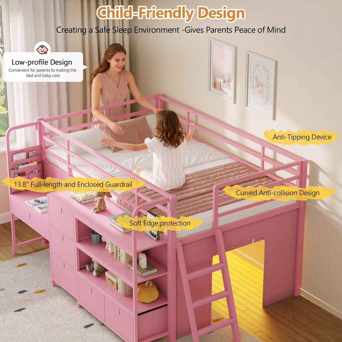 DICTAC | Twin Low Loft Bed for Kids with Desk, Storage Drawers, Bookshelf & Play Tent, LED Lights, Metal Loft Bed with Guardrail (Blue & Black)