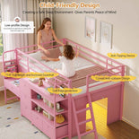 DICTAC | Twin Low Loft Bed for Kids with Desk, Storage Drawers, Bookshelf & Play Tent, LED Lights, Metal Loft Bed with Guardrail (Blue & Black)