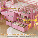 DICTAC | Twin Low Loft Bed for Kids with Desk, Storage Drawers, Bookshelf & Play Tent, LED Lights, Metal Loft Bed with Guardrail (Blue & Black)