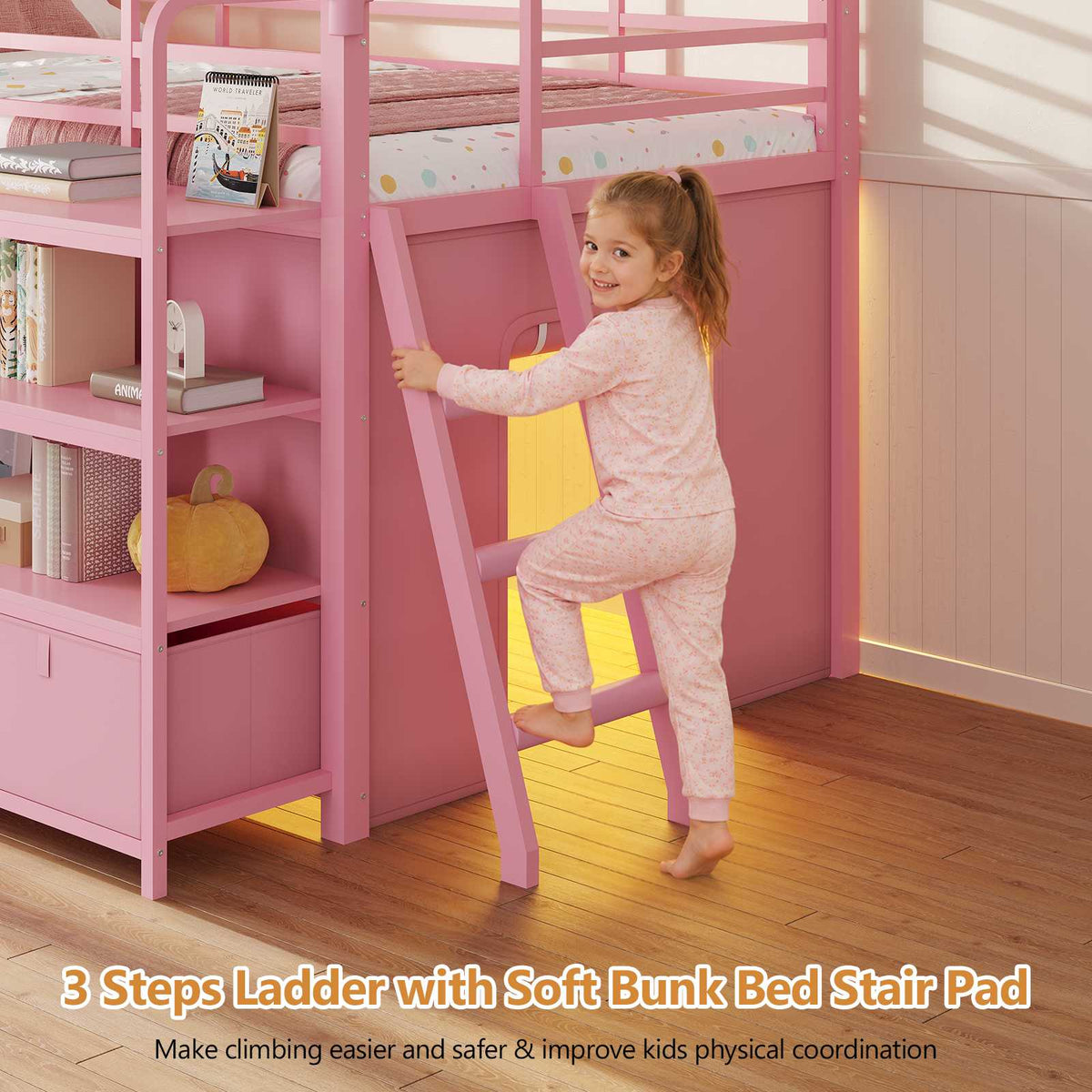DICTAC | Twin Low Loft Bed for Kids with Desk, Storage Drawers, Bookshelf & Play Tent, LED Lights, Metal Loft Bed with Guardrail (Blue & Black)