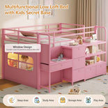 DICTAC | Twin Low Loft Bed for Kids with Desk, Storage Drawers, Bookshelf & Play Tent, LED Lights, Metal Loft Bed with Guardrail (Blue & Black)