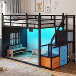 DICTAC |  Low Bunk Bed with Stairs, 3 Storage Drawers, LED Lights, Sliding Charging Station & Play Curtain