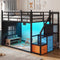 DICTAC |  Low Bunk Bed with Stairs, 3 Storage Drawers, LED Lights, Sliding Charging Station & Play Curtain