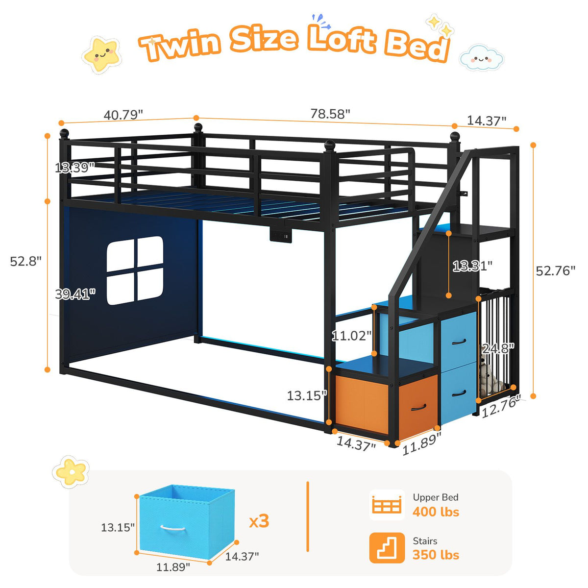 DICTAC |  Low Bunk Bed with Stairs, 3 Storage Drawers, LED Lights, Sliding Charging Station & Play Curtain