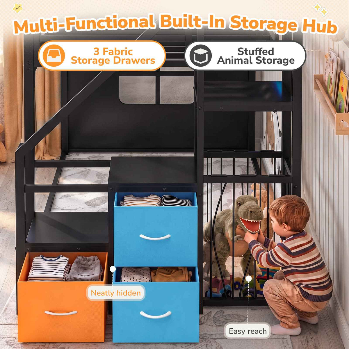 DICTAC |  Low Bunk Bed with Stairs, 3 Storage Drawers, LED Lights, Sliding Charging Station & Play Curtain