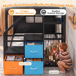 DICTAC |  Low Bunk Bed with Stairs, 3 Storage Drawers, LED Lights, Sliding Charging Station & Play Curtain