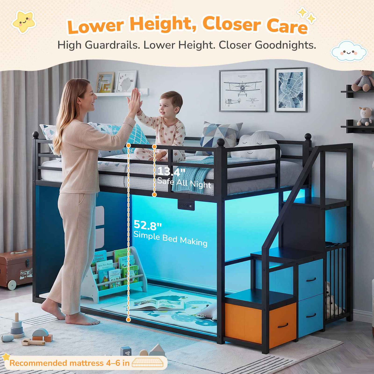DICTAC |  Low Bunk Bed with Stairs, 3 Storage Drawers, LED Lights, Sliding Charging Station & Play Curtain