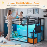 DICTAC |  Low Bunk Bed with Stairs, 3 Storage Drawers, LED Lights, Sliding Charging Station & Play Curtain