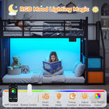 DICTAC |  Low Bunk Bed with Stairs, 3 Storage Drawers, LED Lights, Sliding Charging Station & Play Curtain