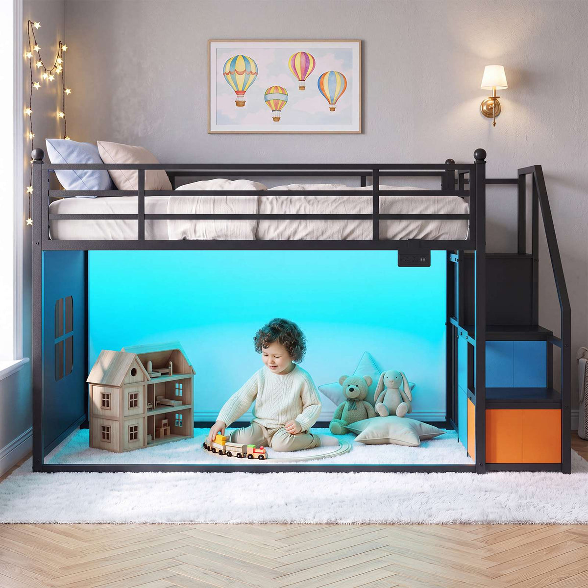 DICTAC |  Low Bunk Bed with Stairs, 3 Storage Drawers, LED Lights, Sliding Charging Station & Play Curtain