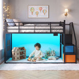 DICTAC |  Low Bunk Bed with Stairs, 3 Storage Drawers, LED Lights, Sliding Charging Station & Play Curtain