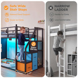 DICTAC |  Low Bunk Bed with Stairs, 3 Storage Drawers, LED Lights, Sliding Charging Station & Play Curtain