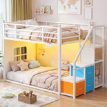 DICTAC |  Low Bunk Bed with Stairs, 3 Storage Drawers, LED Lights, Sliding Charging Station & Play Curtain