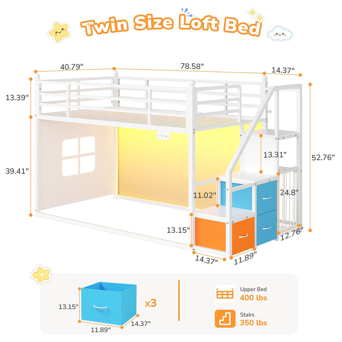 DICTAC |  Low Bunk Bed with Stairs, 3 Storage Drawers, LED Lights, Sliding Charging Station & Play Curtain