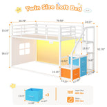 DICTAC |  Low Bunk Bed with Stairs, 3 Storage Drawers, LED Lights, Sliding Charging Station & Play Curtain