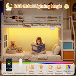 DICTAC |  Low Bunk Bed with Stairs, 3 Storage Drawers, LED Lights, Sliding Charging Station & Play Curtain