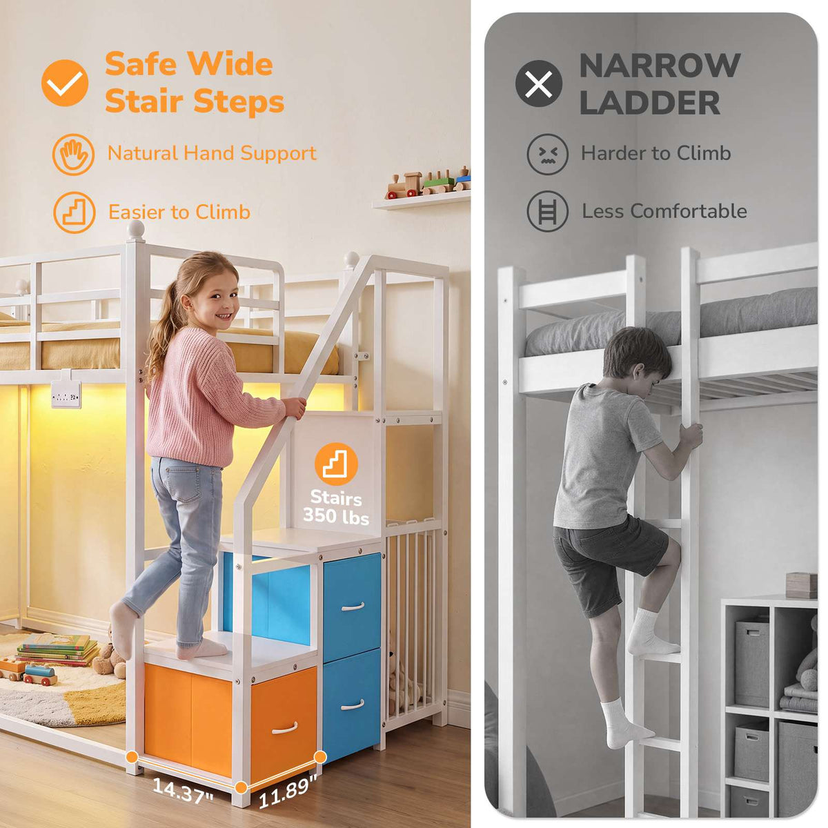 DICTAC |  Low Bunk Bed with Stairs, 3 Storage Drawers, LED Lights, Sliding Charging Station & Play Curtain