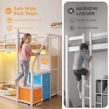 DICTAC |  Low Bunk Bed with Stairs, 3 Storage Drawers, LED Lights, Sliding Charging Station & Play Curtain