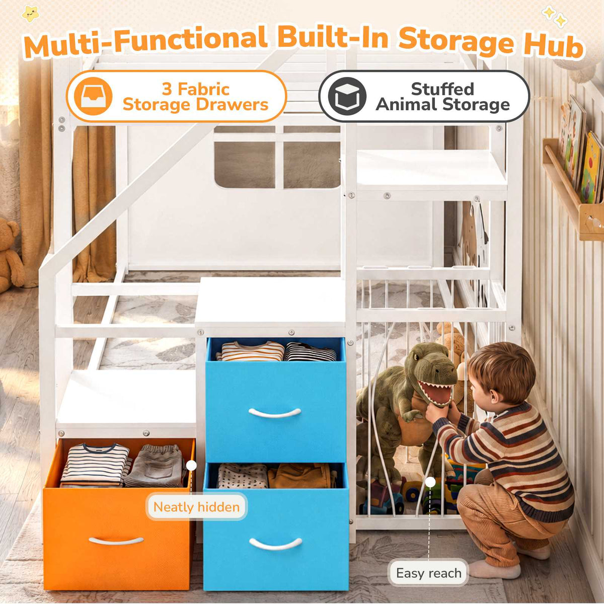 DICTAC |  Low Bunk Bed with Stairs, 3 Storage Drawers, LED Lights, Sliding Charging Station & Play Curtain