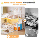 DICTAC |  Low Bunk Bed with Stairs, 3 Storage Drawers, LED Lights, Sliding Charging Station & Play Curtain
