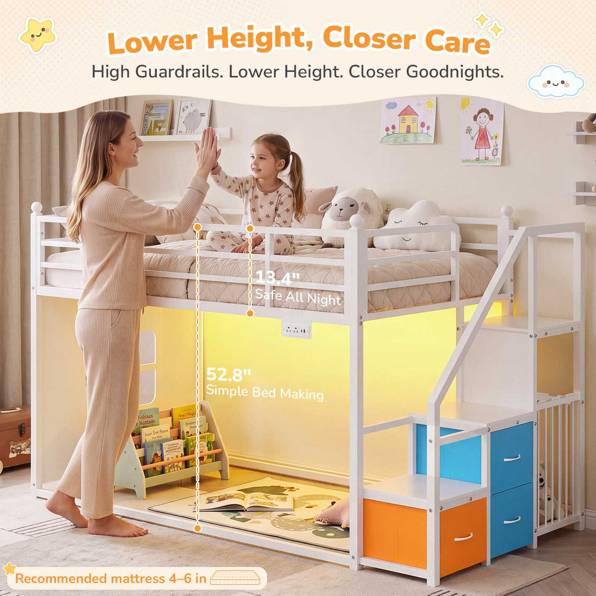 DICTAC |  Low Bunk Bed with Stairs, 3 Storage Drawers, LED Lights, Sliding Charging Station & Play Curtain
