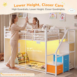 DICTAC |  Low Bunk Bed with Stairs, 3 Storage Drawers, LED Lights, Sliding Charging Station & Play Curtain