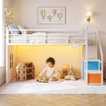 DICTAC |  Low Bunk Bed with Stairs, 3 Storage Drawers, LED Lights, Sliding Charging Station & Play Curtain