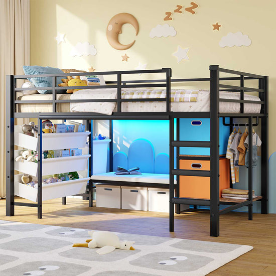 DICTAC | Twin Low Loft Bed for Kids with Storage, Reading Corner, LED Lights & Safety Guardrail, Metal Bed with Drawers & Bins (Black&White&Pink)