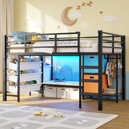 DICTAC | Twin Low Loft Bed for Kids with Storage, Reading Corner, LED Lights & Safety Guardrail, Metal Bed with Drawers & Bins (Black&White&Pink）)
